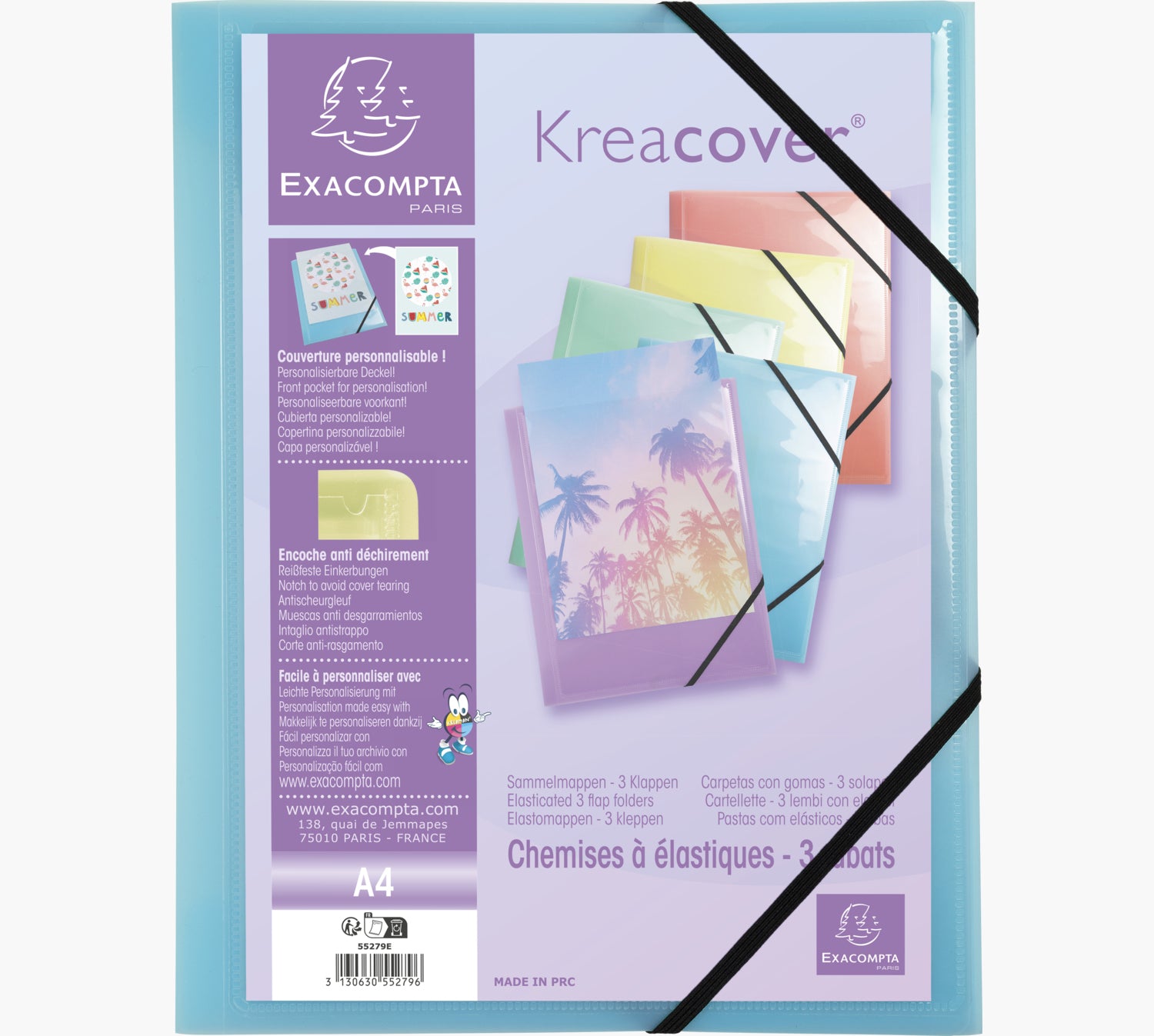 Exacompta Gummibandmappe Aquarel A4 – 3 Klappen, Gummiband, Polypropylen (PP), mehrfarbig, bis 250 Blatt