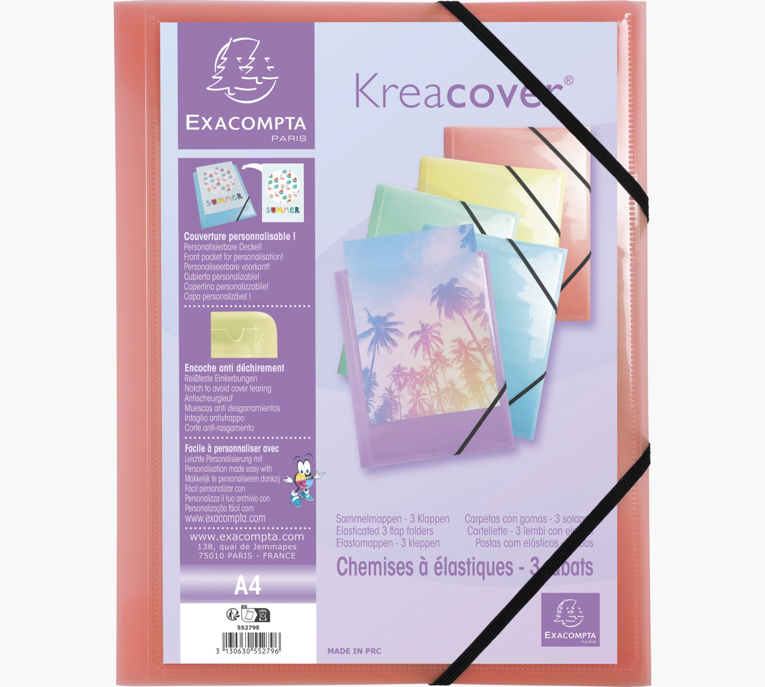 Exacompta Gummibandmappe Aquarel A4 – 3 Klappen, Gummiband, Polypropylen (PP), mehrfarbig, bis 250 Blatt