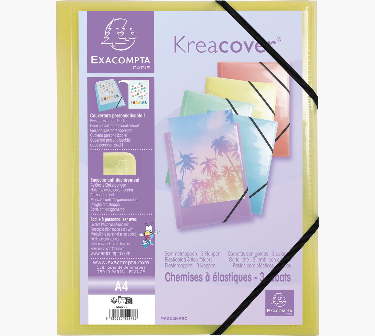 Exacompta Gummibandmappe Aquarel A4 – 3 Klappen, Gummiband, Polypropylen (PP), mehrfarbig, bis 250 Blatt