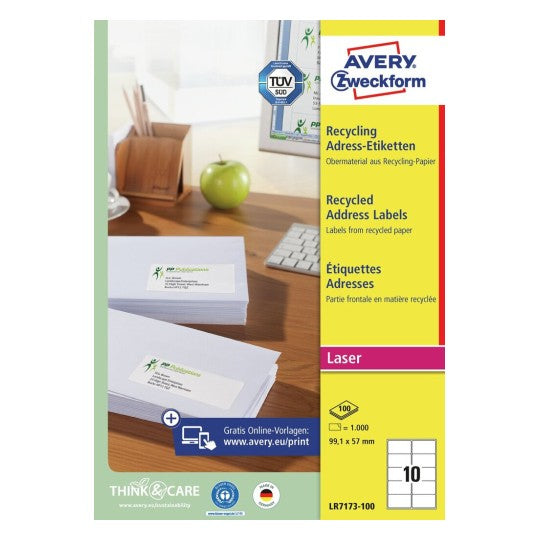 Avery Zweckform Adress-Etiketten – 99,1×57 mm, 1000 Stk, 100 Bogen, Recyclingpapier, permanent haftend