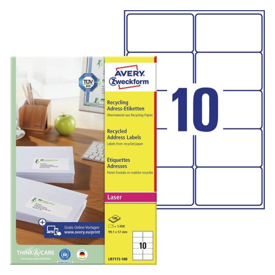 Avery Zweckform Adress-Etiketten – 99,1×57 mm, 1000 Stk, 100 Bogen, Recyclingpapier, permanent haftend