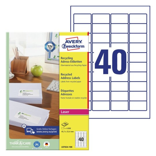 AVERY Zweckform – Adress-Etiketten, 46 mm × 25 mm, weiss, Recyclingpapier, permanent, 4'000 Etiketten