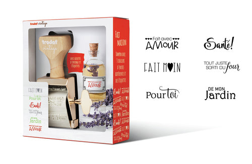 Trodat Vintage Wortbandstempel – Fait maison, 6 Motive, 42 × 15 mm, 3-farbiges Stempelkissen, Französisch