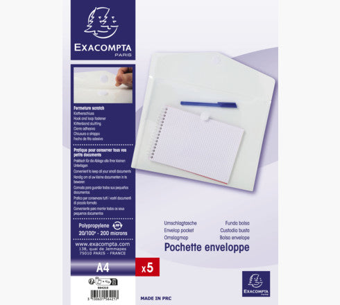 Exacompta Dokumentenmappe A4 – Klettverschluss, Polypropylen (PP), transparent, Füllhöhe 2 mm, 5 Stk.