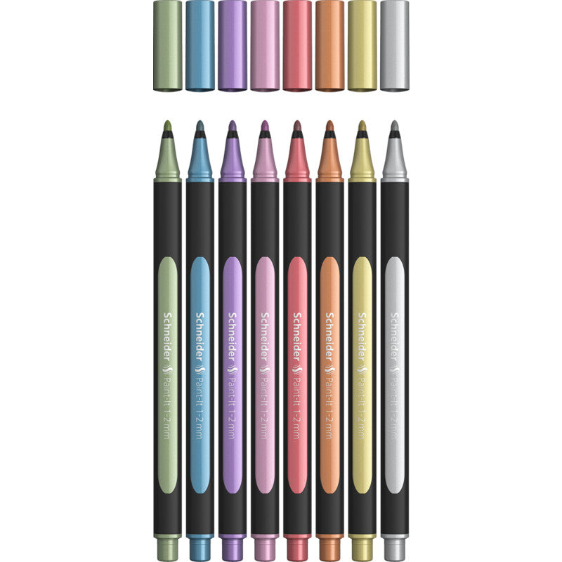 Schneider Schreibgeräte Schneider Paint Marker Paint-It 020 – Rundspitze 1-2 mm – Sortiert – 8er-Set – Für dunkle Oberflächen geeignet