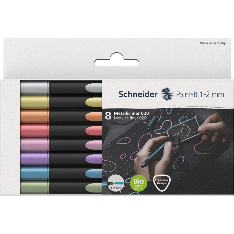 Schneider Schreibgeräte Schneider Paint Marker Paint-It 020 – Rundspitze 1-2 mm – Sortiert – 8er-Set – Für dunkle Oberflächen geeignet