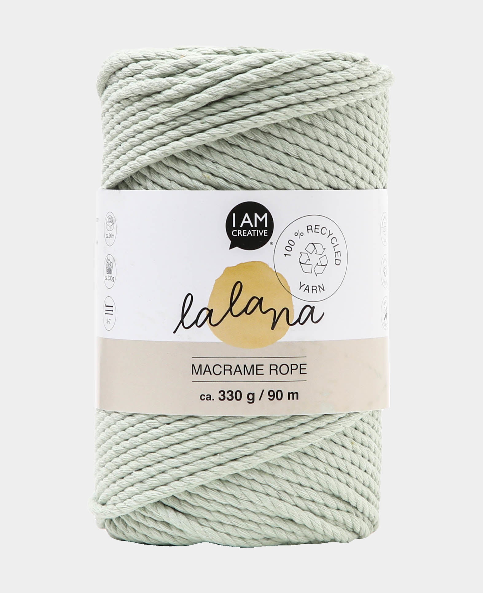 lalana Makramee-Kordel Graugrün – Ø 3 mm, 330 g, 90 m, 20% Mischfasern/80% Baumwolle