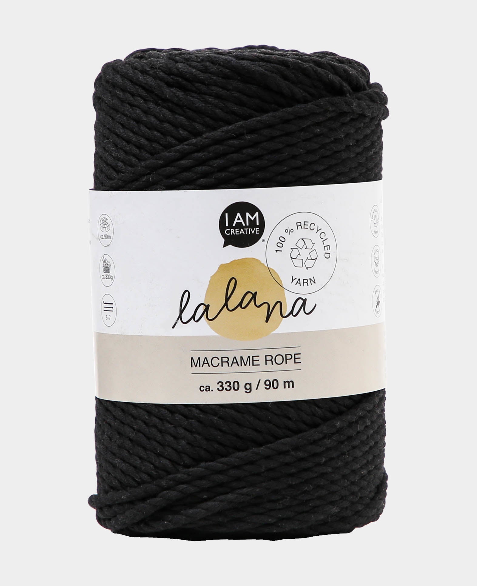 lalana Makramee-Kordel Schwarz – Ø 3 mm, 330 g, 90 m, 20% Mischfasern/80% Baumwolle, 1 Stk.