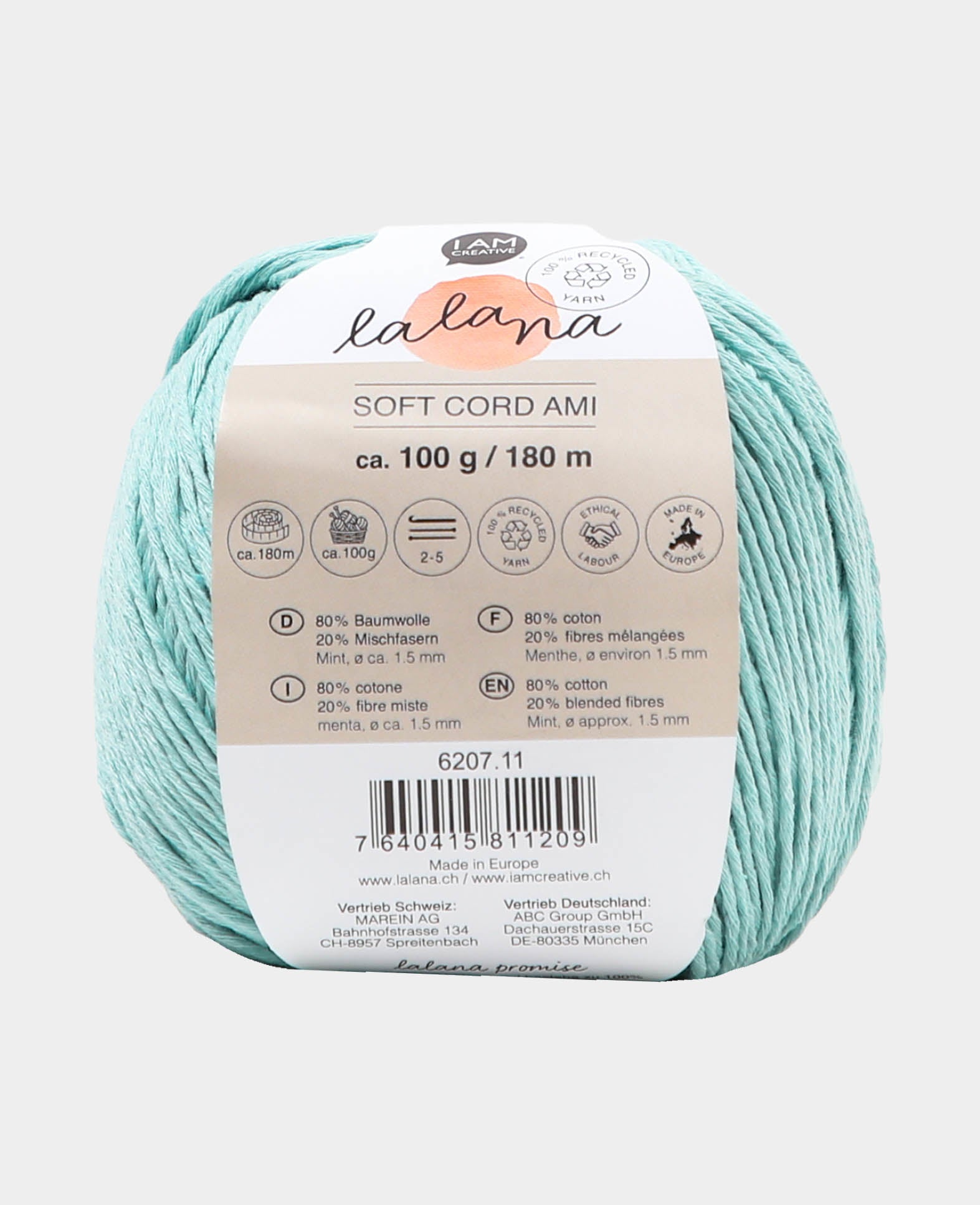 lalana Soft Cord Ami Garn Mint – 100 g, 180 m, Nadel 5 mm, 80% Baumwolle/20% Mischfasern, 1 Stk.