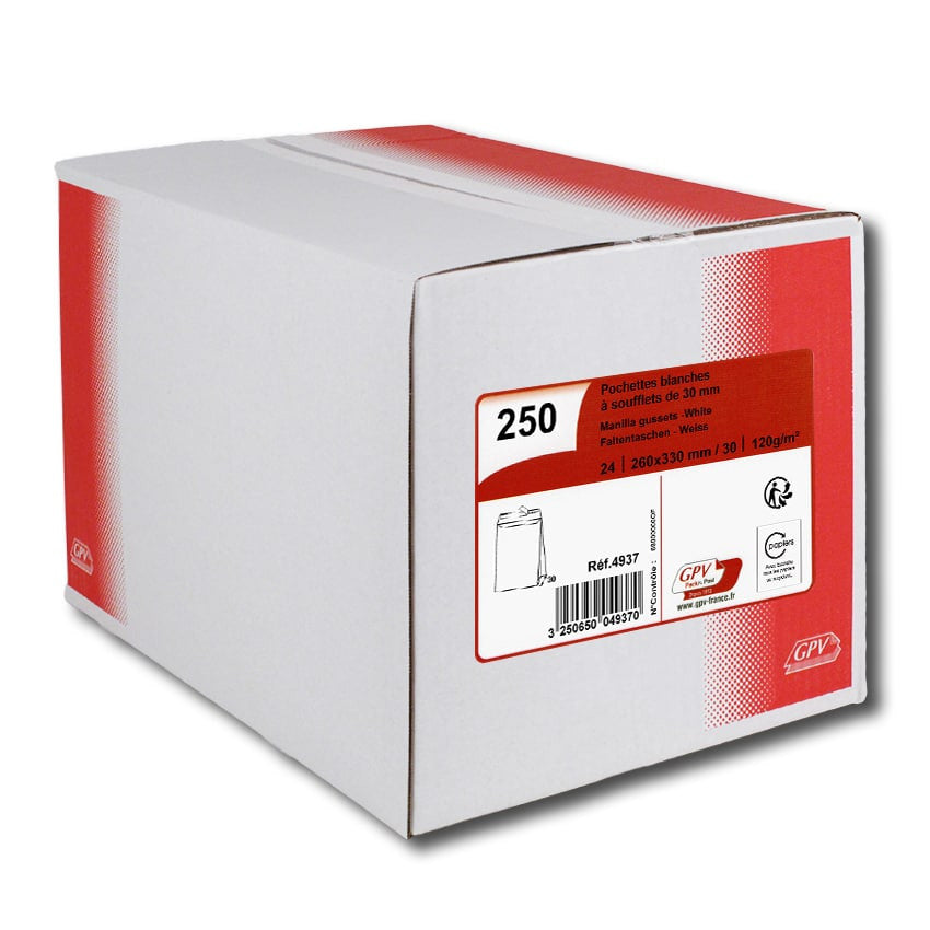 GPV France GPV Seitenfaltentasche – 260 × 330 × 30 mm, ohne Fenster, selbstklebend, Papier, weiss – 250 Stk.