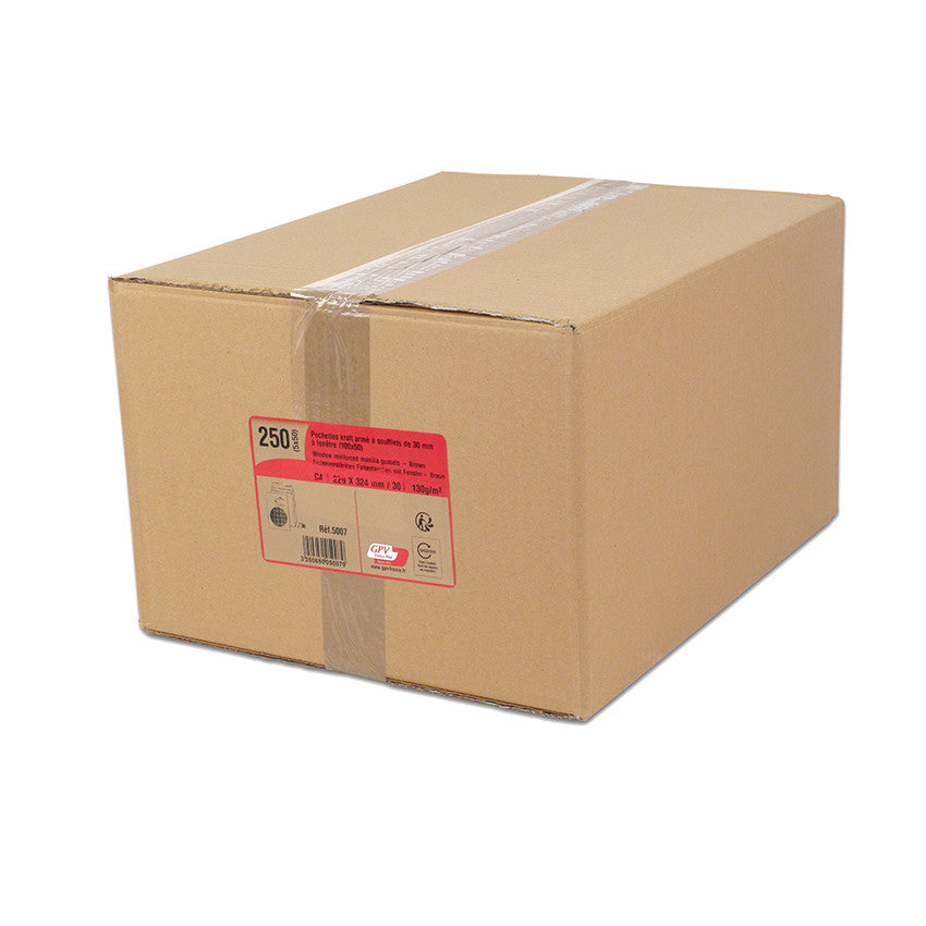 GPV France GPV Seitenfaltentasche – C4, 30 mm, mit Fenster, selbstklebend, Papier, braun – 50 Stk.