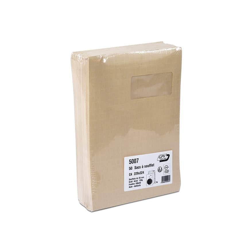 GPV France GPV Seitenfaltentasche – C4, 30 mm, mit Fenster, selbstklebend, Papier, braun – 50 Stk.