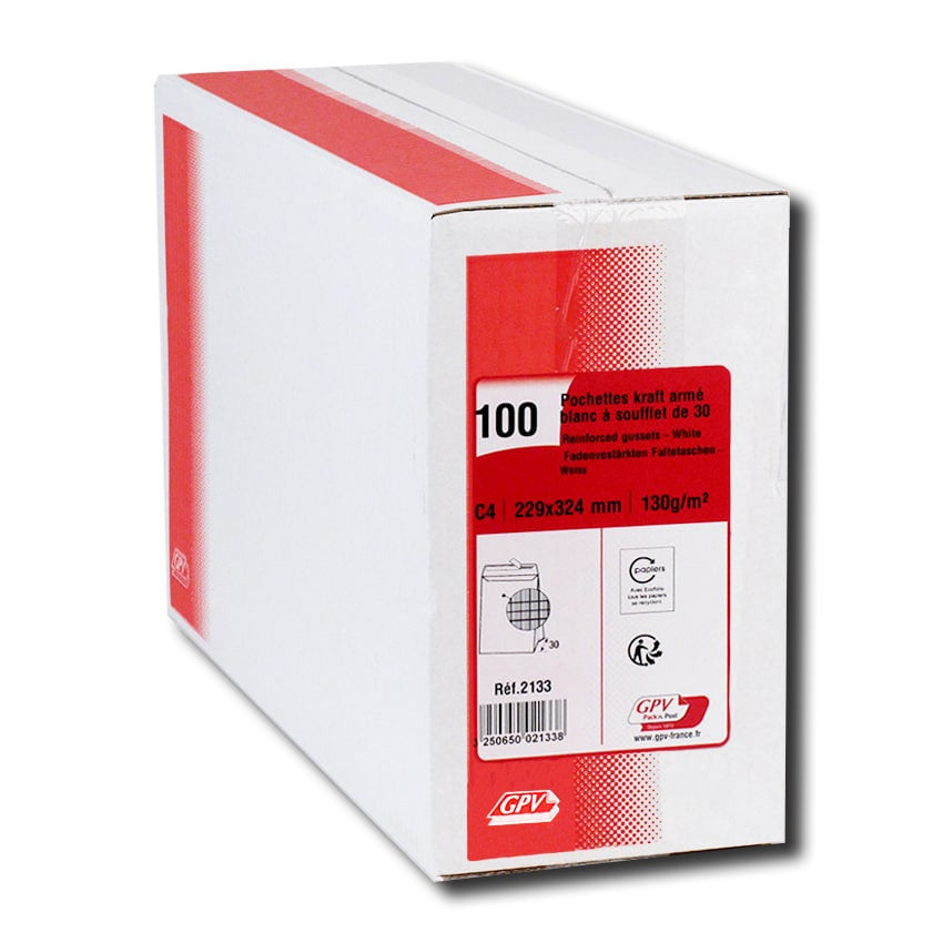 GPV France Seitenfaltentasche – C4, 30 mm, ohne Fenster, selbstklebend, Papier, weiss – 100 Stk.