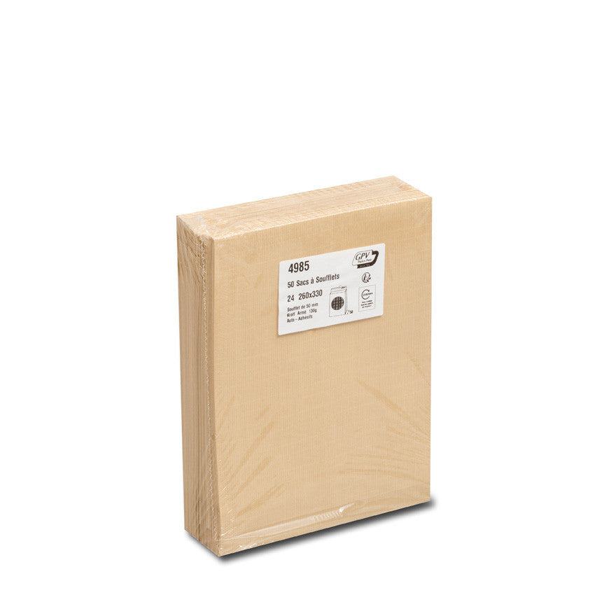 GPV France GPV Seitenfaltentasche – 260 × 330 mm, mit Seitenfalten, ohne Fenster, selbstklebend, Papier, braun – 50 Stk.