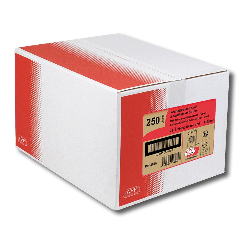 GPV France GPV Seitenfaltentasche – 260 × 330 mm, mit Seitenfalten, ohne Fenster, selbstklebend, Papier, braun – 50 Stk.