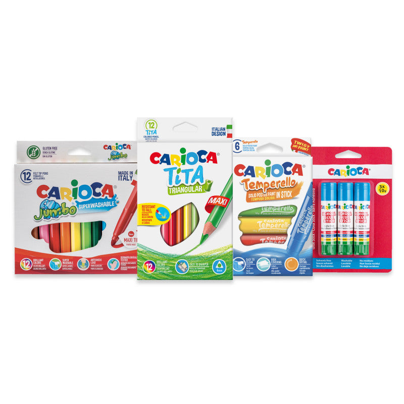 Carioca Back to School Small – Bastelset – 33-teilig – Filzstifte, Farbstifte und Klebestifte, Posterfarbe
