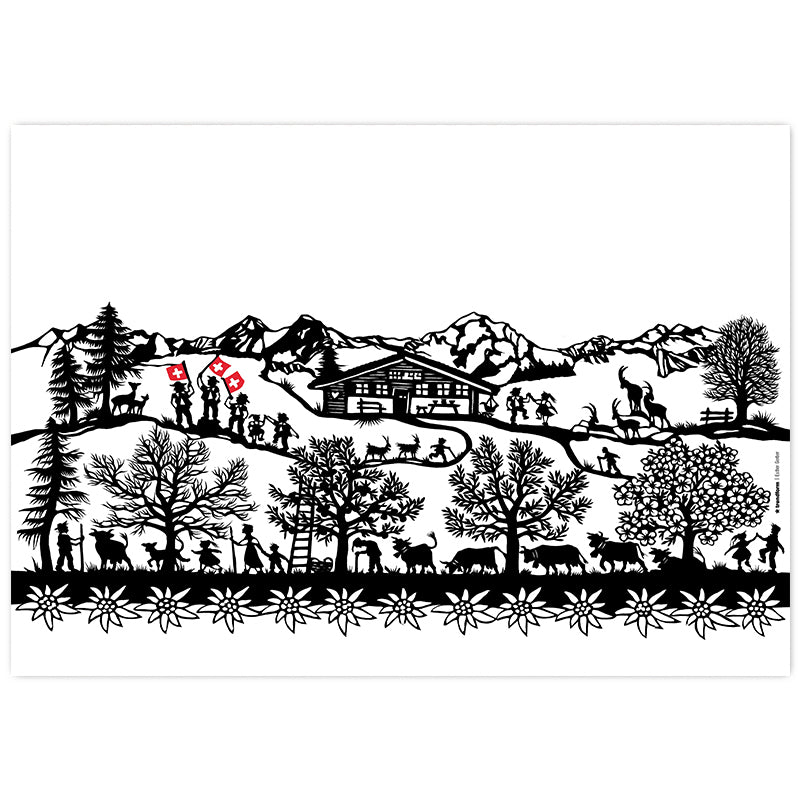 Trendform Tischset Swiss Tradition – Papier, Motiv Scherenschnitt Landleben, 42 × 29,7 cm