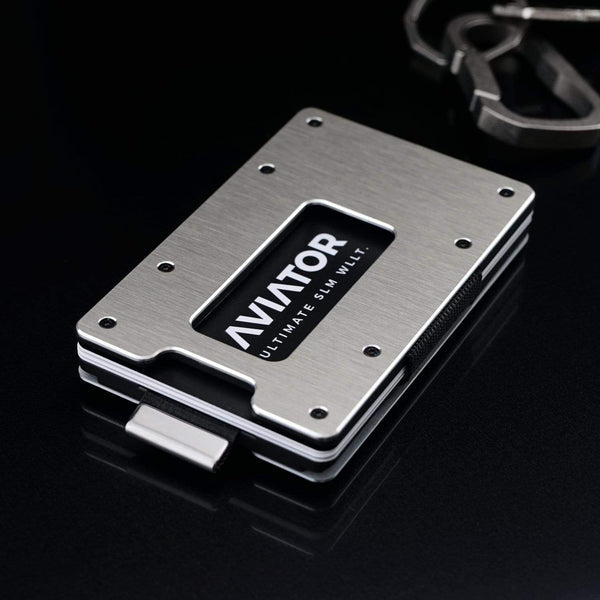 Aviator Wallet AVIATOR – Kartenetui/Brieftasche SLIDE – mit RFID-Schutz, Clip-Verschluss, Münzfach – 20 Karten – Silber