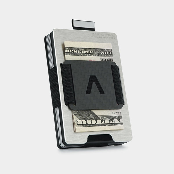 Aviator Wallet AVIATOR – Kartenetui/Brieftasche SLIDE – mit RFID-Schutz, Clip-Verschluss, Münzfach – 20 Karten – Silber