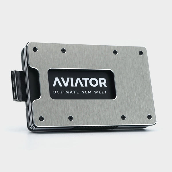 Aviator Wallet AVIATOR – Kartenetui/Brieftasche SLIDE – mit RFID-Schutz, Clip-Verschluss, Münzfach – 20 Karten – Silber