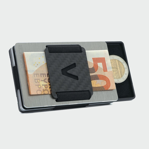 Aviator Wallet AVIATOR – Kartenetui/Brieftasche SLIDE – mit RFID-Schutz, Clip-Verschluss, Münzfach – 20 Karten – Silber