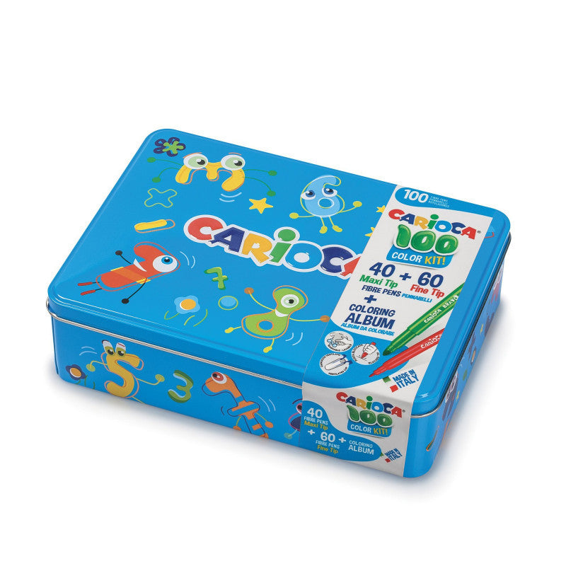 Carioca 100 Color Kit – Metallbox mit Malbuch, Fein/Extradick