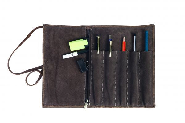 Alpenleder Stifterolle, leer – braun/dunkelbraun – Büffelleder – 21,5 × 6,0 × 6,0 cm