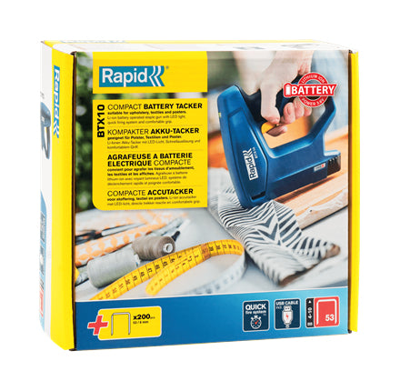 Rapid BTX10 Akku-Tacker – 3,6 V – Typ 53 (4–10 mm) – Micro-USB-Ladekabel