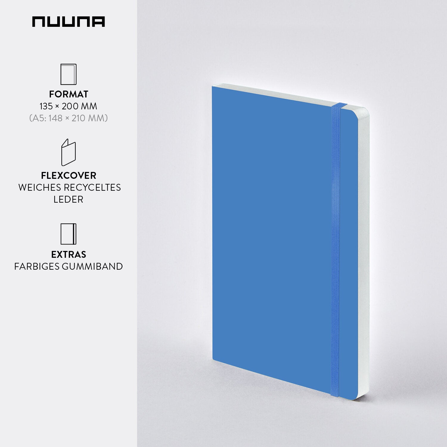 nuuna Notizbuch – A5 – punktiert – 176 Seiten – 120 g/m² – Softcover, Gummiband, nummerierte Seiten – blau