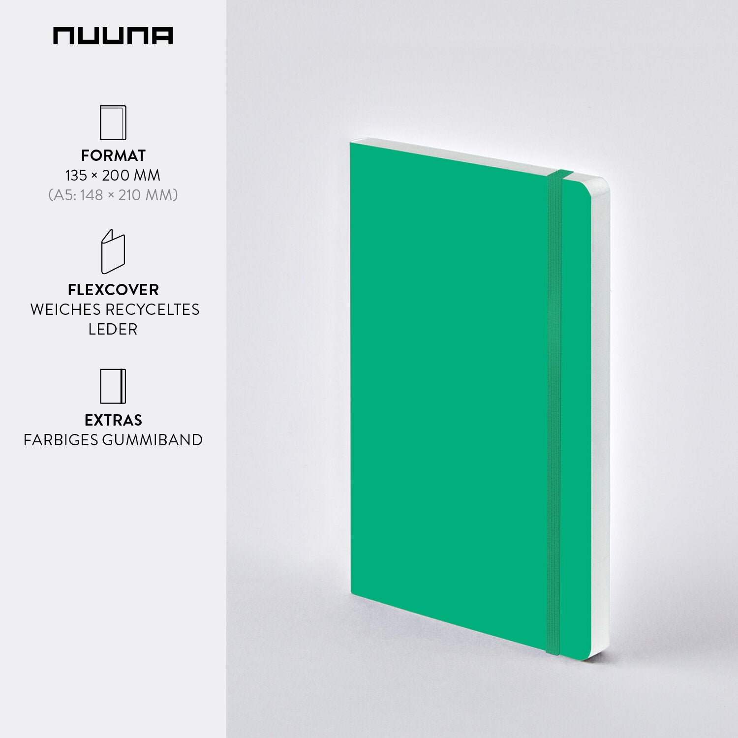 nuuna Notizbuch – A5 – punktiert – 176 Seiten – 120 g/m² – Softcover, Gummiband, nummerierte Seiten, grün