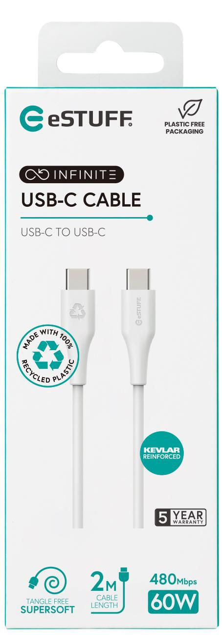 eSTUFF USB-C auf USB-C Kabel – USB 2.0 (480 Mbit/s) – 2 m – PD 60 W – GRS – Weiss