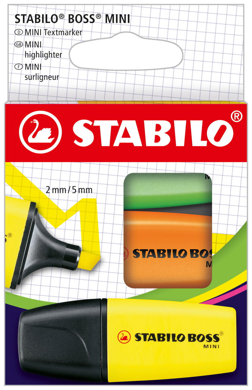 STABILO BOSS Textmarker Mini Set 3 Farben – Keilspitze, 2–5 mm