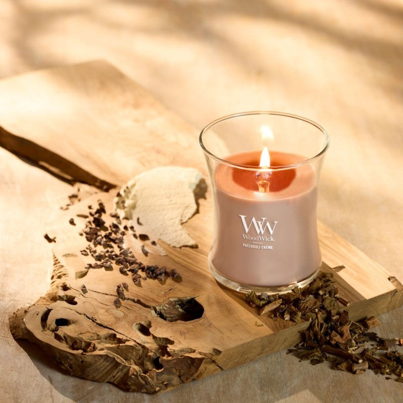 WoodWick Duftkerze Patchouli Creme, Sojawachs, sortiert, Ø 10 cm, 11 cm, parfümiert, 1 Stück