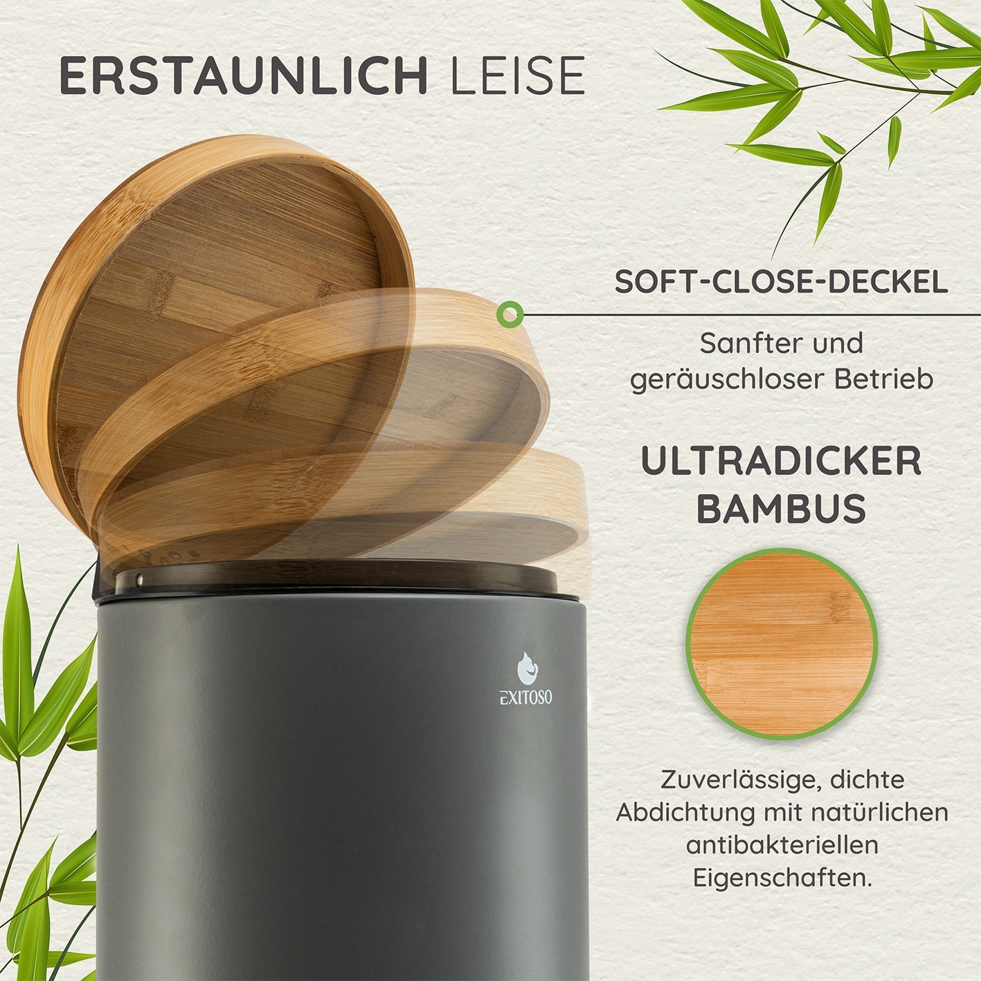 Exitoso Tisch-Abfallbehälter – 5 l – mit Deckel – Holz, Grau – Ø 220 × H 285 mm
