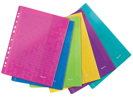 Leitz WOW A4 Prospekthülle, Eurolochung, 200 µm, Seitenklappe, Klettverschluss, 40 Blatt, assortiert – 6 Stück