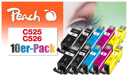 Peach Tintenpatronen-Multipack PGI-525/CLI-526, 10er-Pack – für Canon IP 4850, IP 4950, IX 6500 und andere