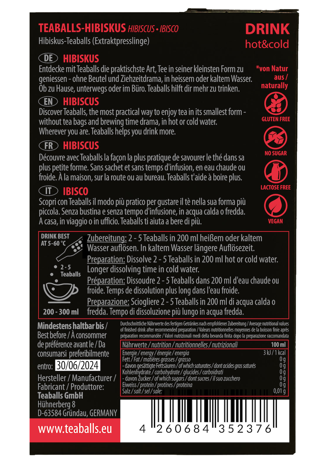 Teaballs BLACK SELECTION – Früchtetee Hibiskus – Instant-Teaballs 150 Stück