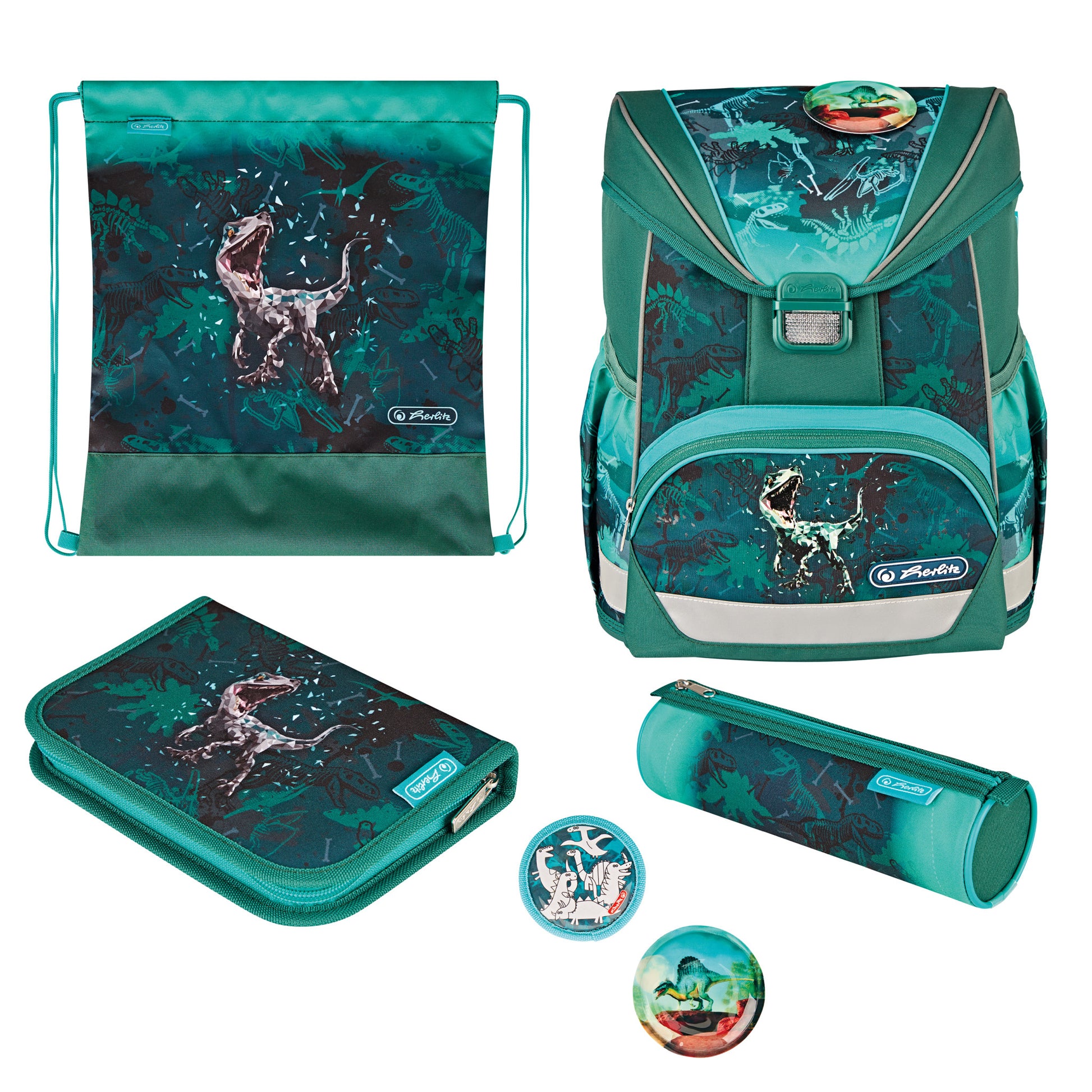 Herlitz UltraLight Plus – Schulrucksack-Set 4-teilig, Green Rex, 15 l, 28×36×21 cm