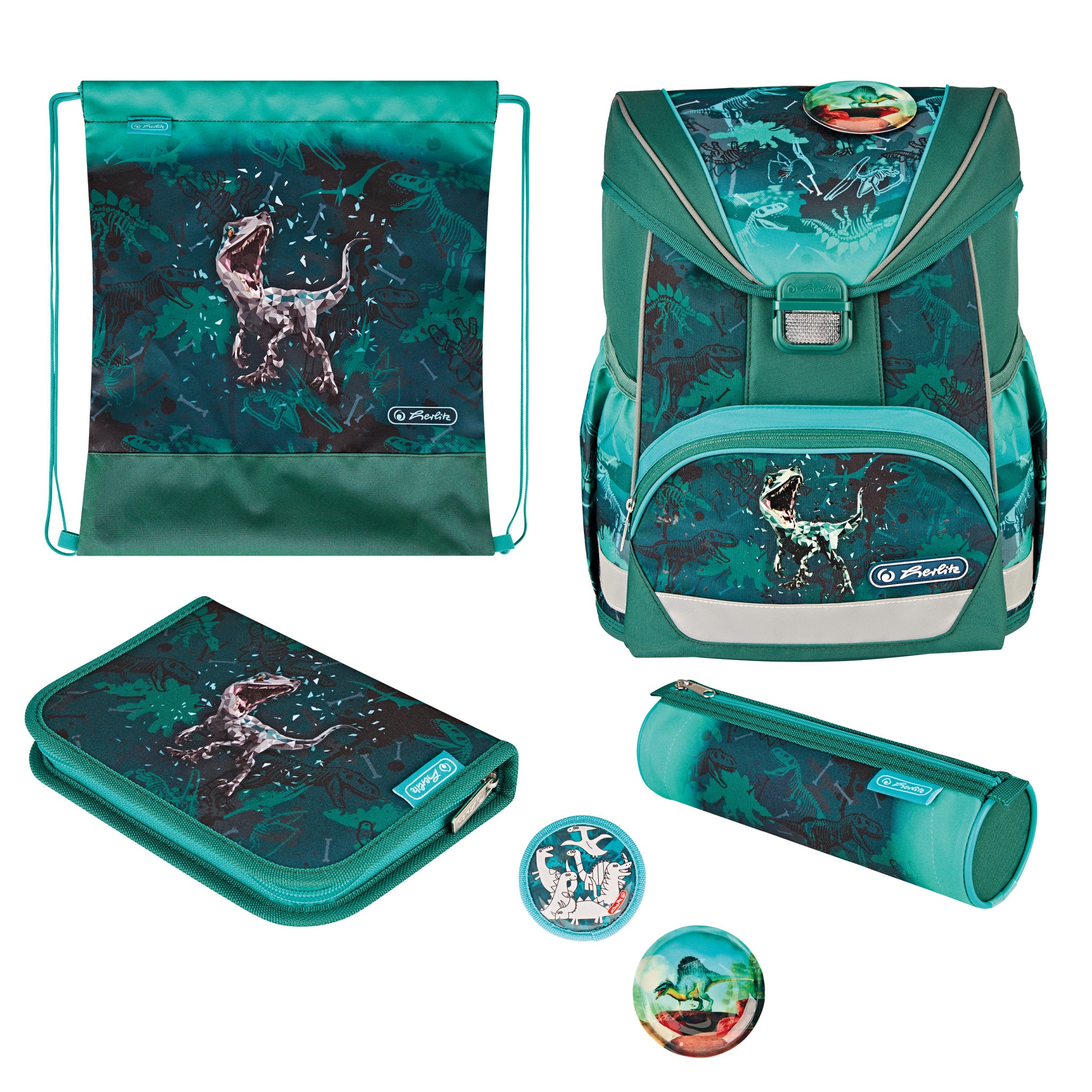 Herlitz UltraLight Plus – Schulrucksack-Set 4-teilig, Green Rex, 15 l, 28×36×21 cm