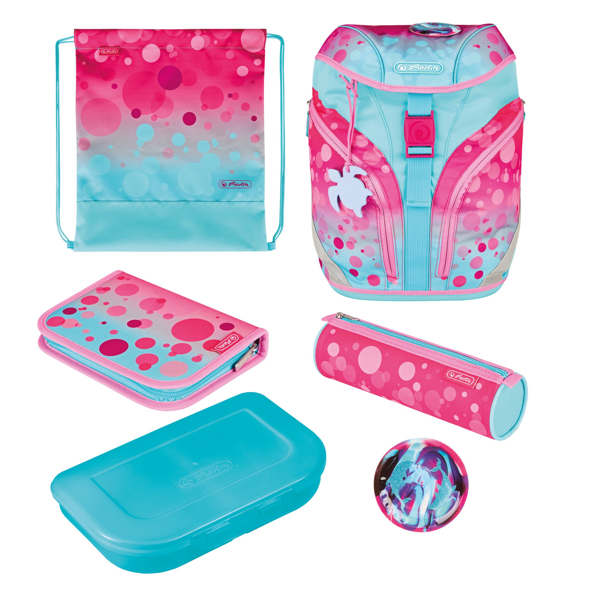 Herlitz SoftLight Plus – Schulrucksack-Set 5-teilig, Pink Bubbles, 16 l, 28×38×23 cm, Magnetschloss