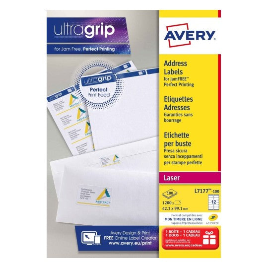 Avery L7177-100 – Etiketten A4 99 × 42 mm – Papier, weiss – permanent haftend – Laser – 12 pro Blatt, 100 Blätter
