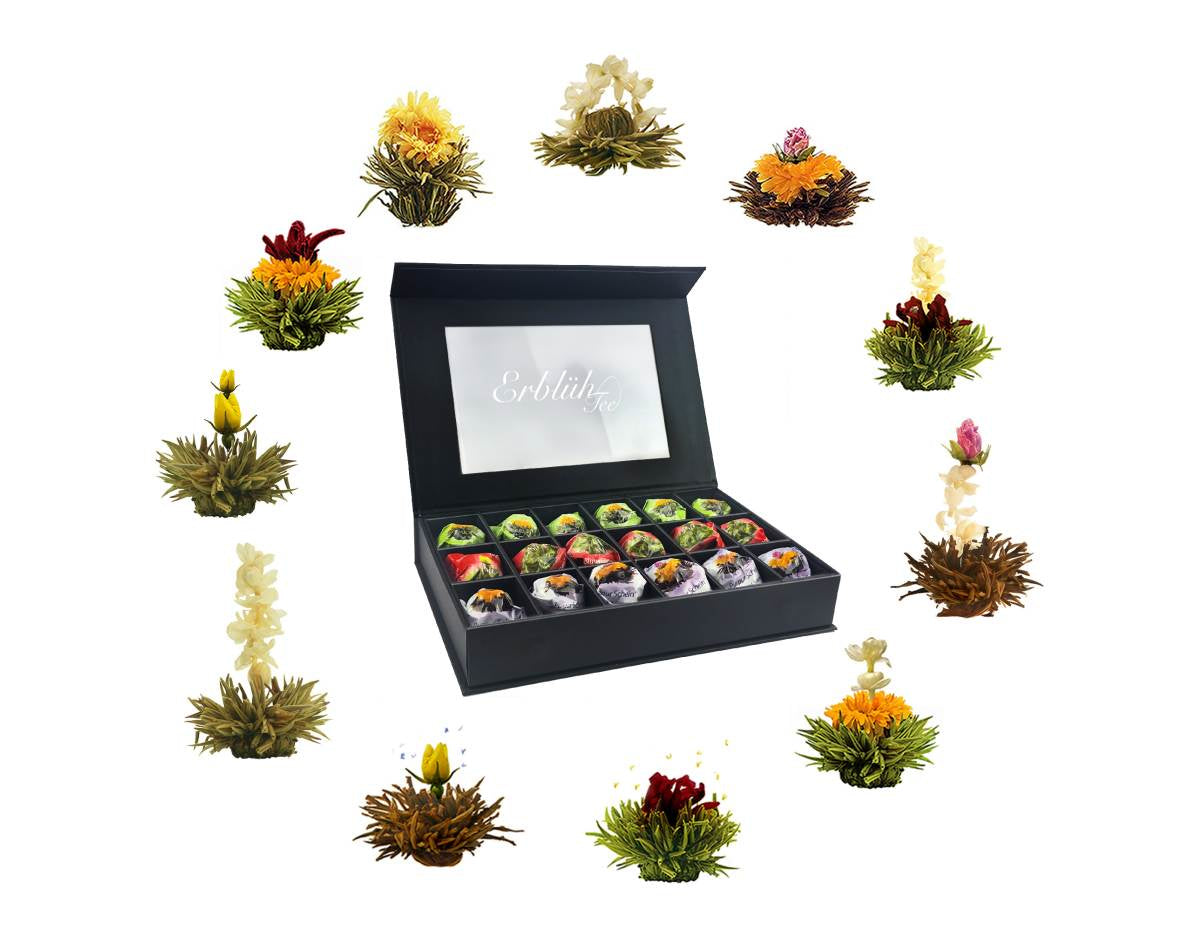 Creano Erblühtee Weiss-, Schwarz- & Grüntee – 18 Teeblumen – Magnetbox