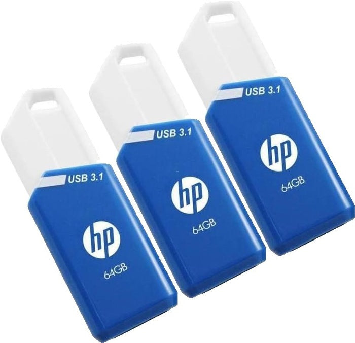 HP X755W USB-Stick 64 GB – USB-A 3.2 Gen 1, 75/30 MB/s, mit Schlüsselanhänger, Blau, Weiss, 3er Pack