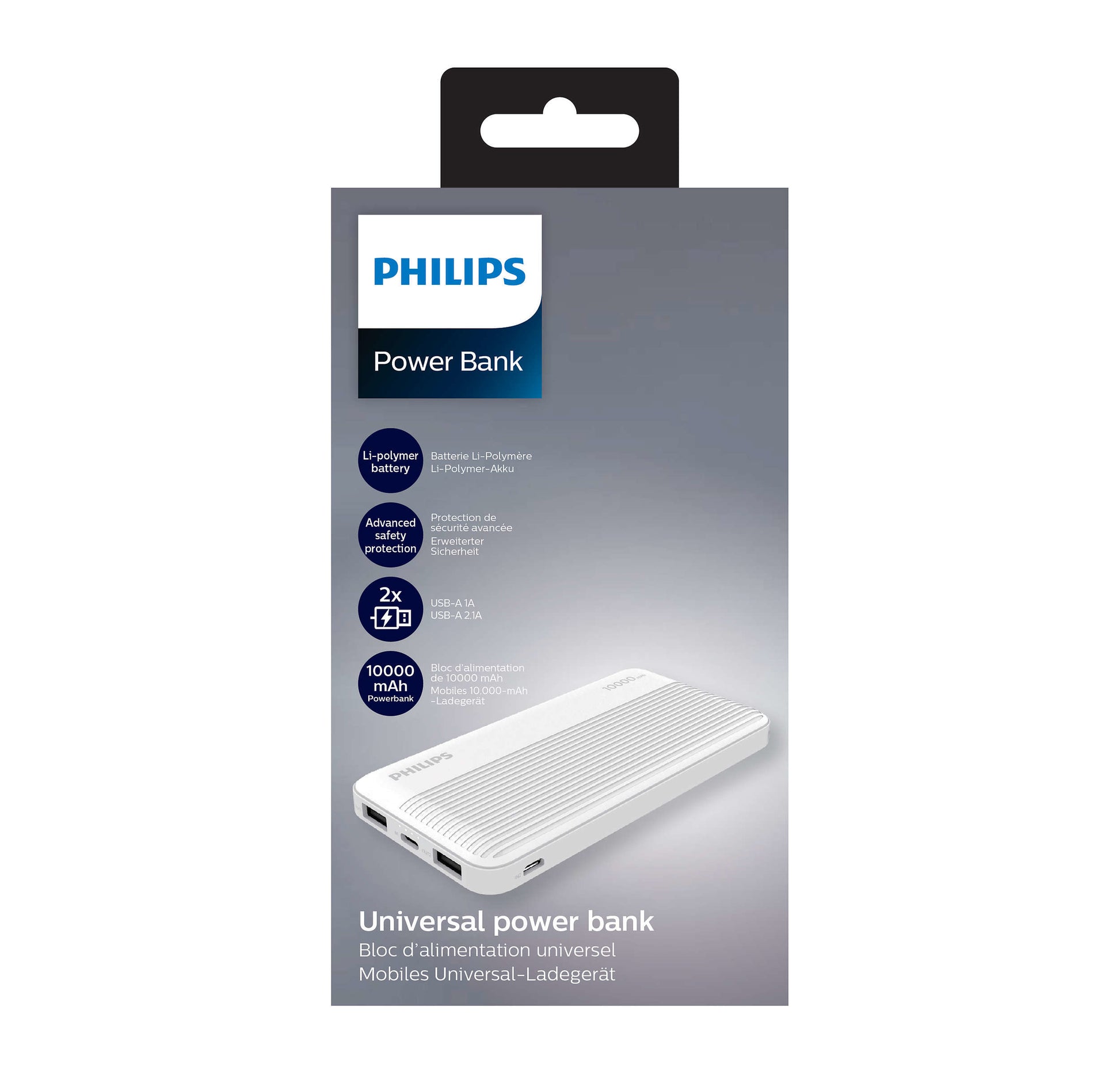 Philips Powerbank 10'000 mAh – 1× USB-C, 2× USB-A, weiss
