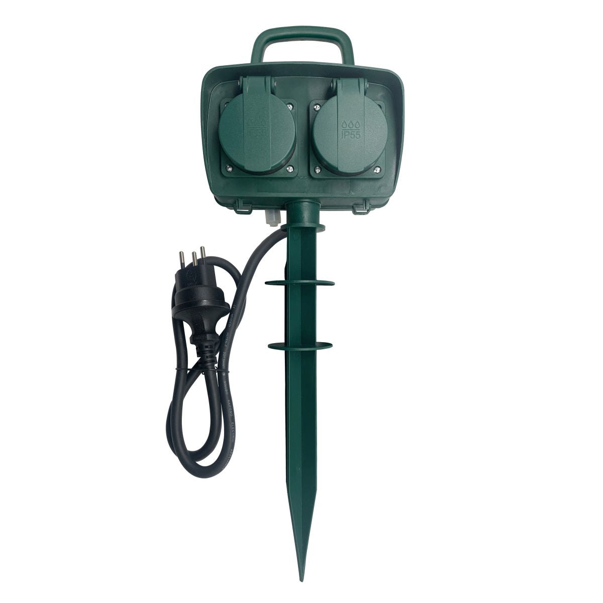 Elbro Gartensteckdose, 4×T13, IP55, 3 m, Erdspiess, Klappdeckel – Grün
