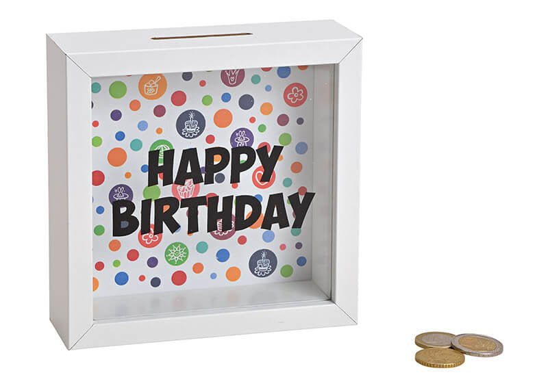 G. Wurm Sparbüchse Geburtstag – Holz & Glas, weiss – 15 × 15 × 5 cm