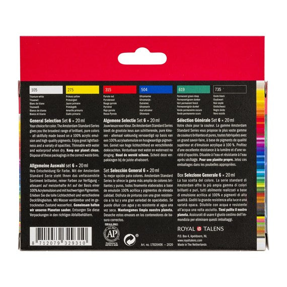 Royal Talens Amsterdam – Acryl Standard – Acrylfarbe – Set – 6 Farben, 6 × 20 ml