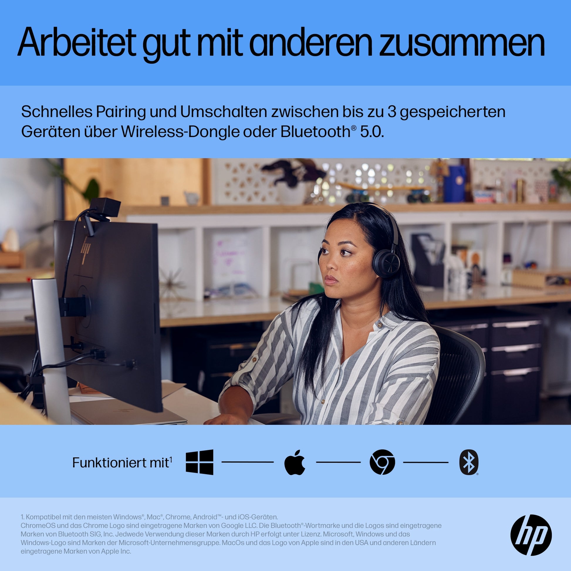 HP 710 Maus – kabellos, 3'000 dpi, 7 Tasten, beidhändig, wiederaufladbar, Silent-Tasten, schwarz