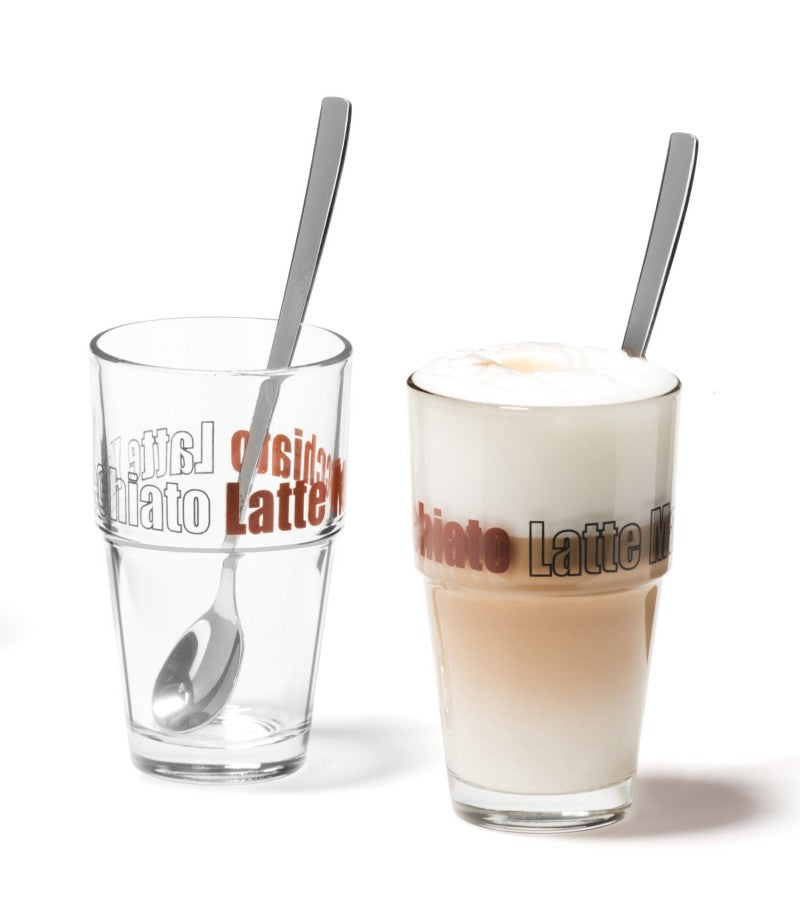 Leonardo Latte Macchiato Glas – 2er Set, 410 ml, Ø 8,4 cm, Transparent, mit Löffeln, spülmaschinenfest
