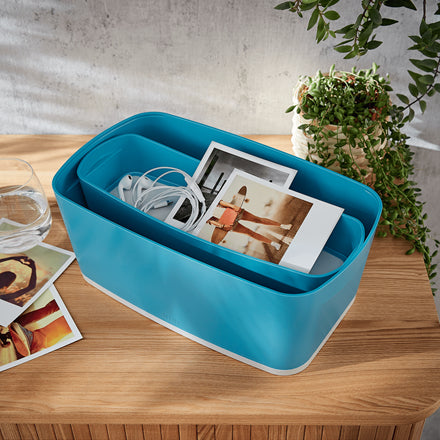 Leitz Aufbewahrungsbox – mit Deckel, stapelbar, blau, Polystyrol (PS), B 307 × H 105 × T 55 mm
